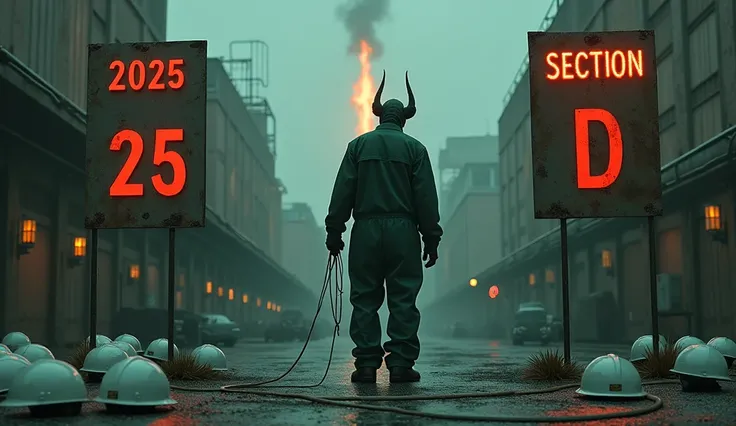  Two large signs  . On one sign it says  : "2025"  and on the other sign it says  : "section D ". Set in a chemical factory outside.  signs. You can see a very tall industrial torch burning in the background and you can also see a demon with a whip and dre...