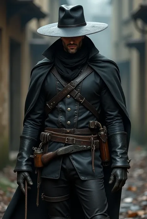 35 year old man, very thin, dressed in black leather combat equipment , a whip , a flintlock gun on his belt and with a giant wide-brimmed hat