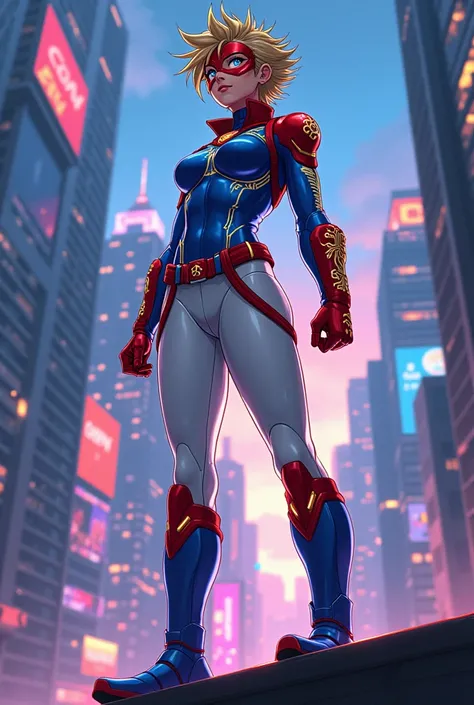 An electrifying anime-style illustration of a superheroine standing triumphantly on the edge of a towering skyscraper, captured from a dramatic low-angle perspective that magnifies her commanding presence against a glowing futuristic cityscape. Her short, ...