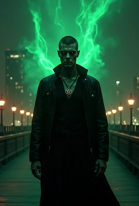 A sorcerer, evil man, short hair., wearing black clothes with a shirt,  black leather jacket,  wears a necklace with a pentragram , his eyes are black covering the sclera and all over his face he has marked black veins,  emanate green rays and energy from ...