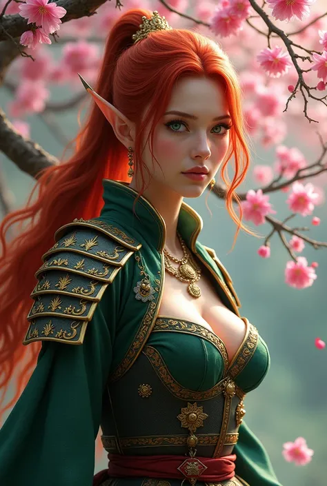 ultra high resolution, ((masterpiece))), (((best quality))), ((super detailed)),  ((extremely delicate and beautiful)),cinematic light, cherry blossoms (real),
Female elf samurai, large breasts, (bright red hair, pulled back, floating hair:1.1), wearing sa...