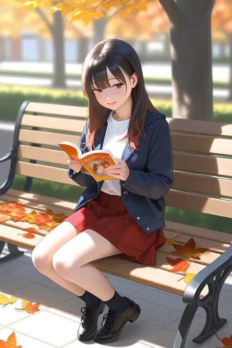  photorealistic 、 girl（Reading on a park bench）、autumn