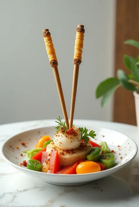 Create a photo of a dish with a food chopstick handle