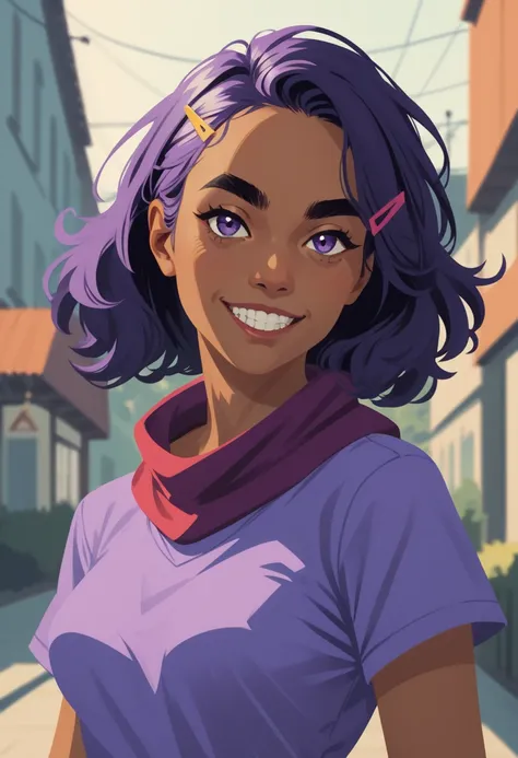 1girl, solo, purple hair, smile, purple eyes, looking at viewer, shirt, hair ornament, purple shirt, upper body, dark skin, dark-skinned female, short sleeves, hairclip, alternate hairstyle, blurry background, blurry, breasts, short hair, scarf, grin, thic...