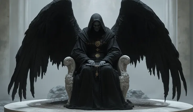 The dark angel. He is dressed in a monastic black robe with former elements, and a hood covers his face. He sits on a white marble throne, clutching two tablets with unknown symbols in both hands. Two large black wings.