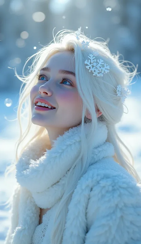 A vast snowy field, Goddess of the Eyes, high resolution, Beautiful Snow Maiden, Flower of the eye,  Snow flurries are fluttering, 8k, happy smile