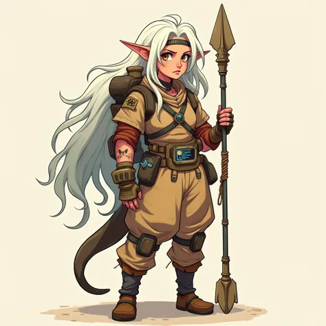  Design a 20-year veteran explorer who looks her whole body in an illustrated anime style  . It has a serious character and very long hair, sand-colored and white, disheveled and extravagant. She wears worn but highly functional survival equipment, adapted...