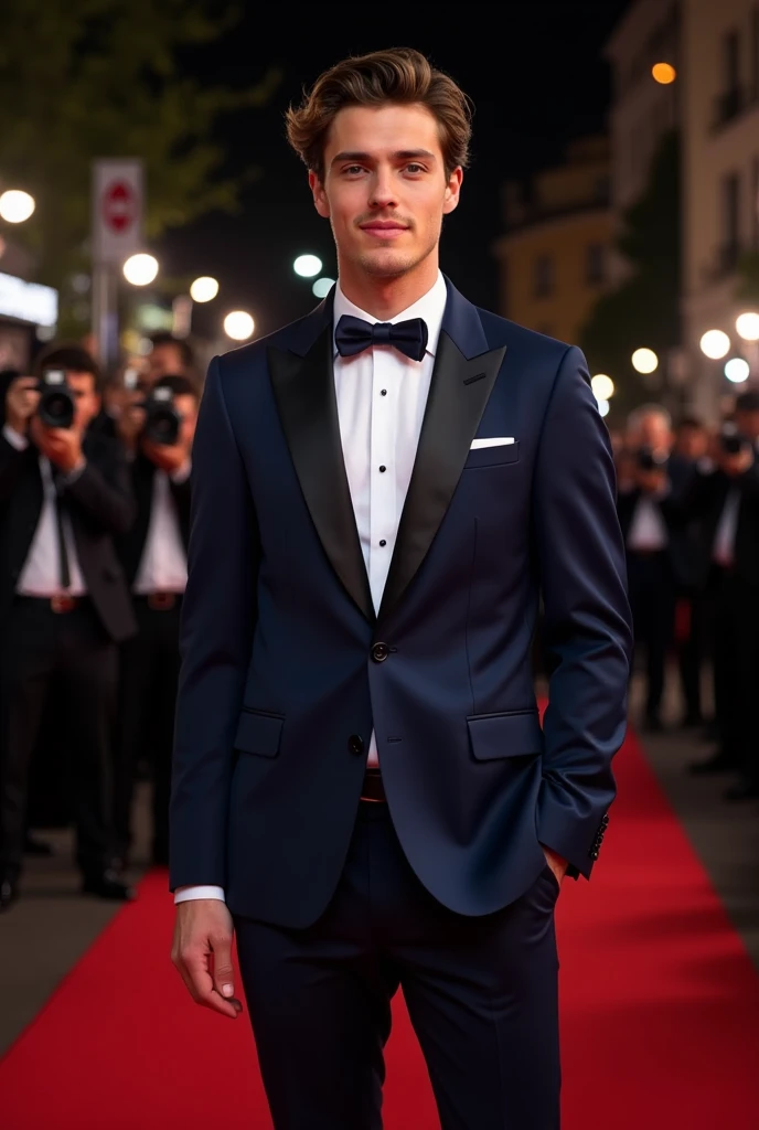  create long distance image .  a 20-year-old man ,  beauty like Lachowski ,  short wavy hair ,  brown eyes ,  tanned skin .  Wearing a navy blue tuxedo ,  navy blue shirt, navy blue tie. On a black background written  "THE BEST"  in elegant letters ,  red ...