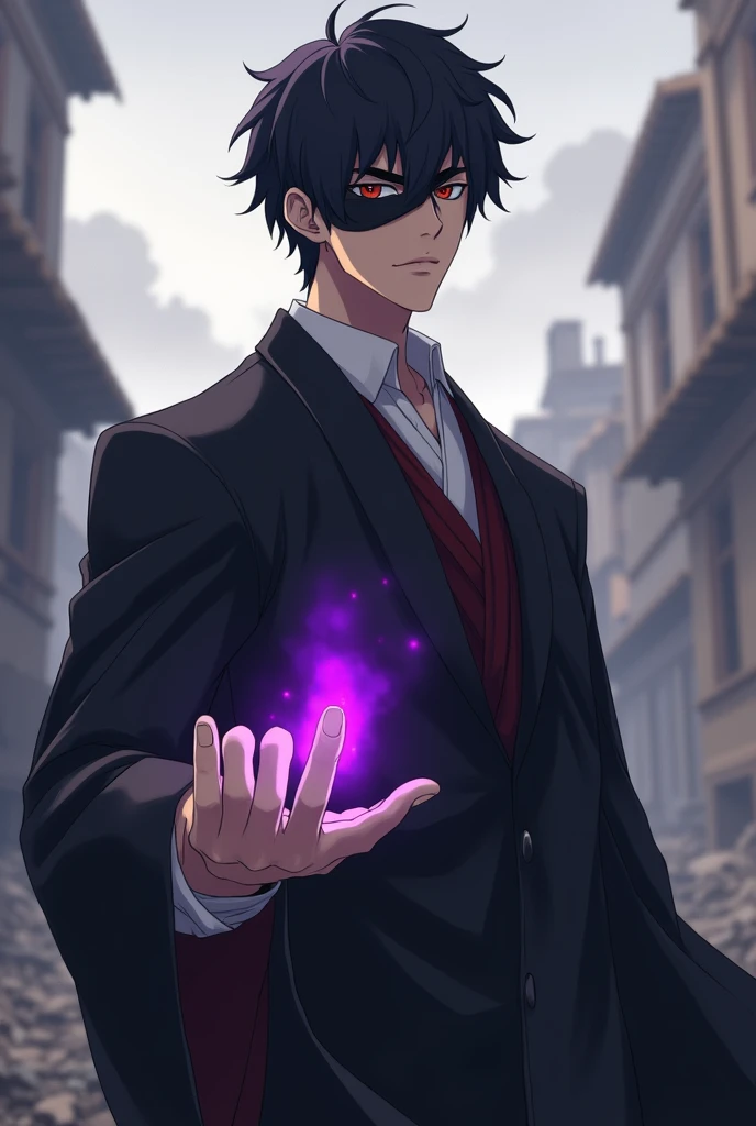  A tall dark-haired man with a black bandage around his eye wearing the jujutsu school uniform holding a purple void at the tip of his above his finger. Style the anime Jujutsu Kaisen a bit realistic in the setting of a destroyed city 