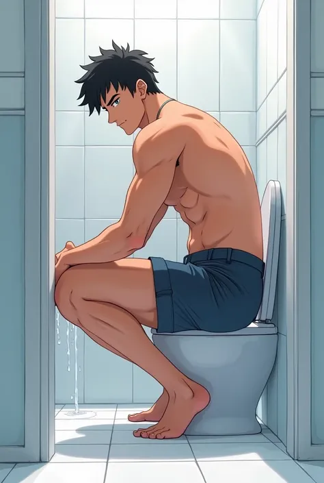 anime boy handsome muscular peeing on a toilet