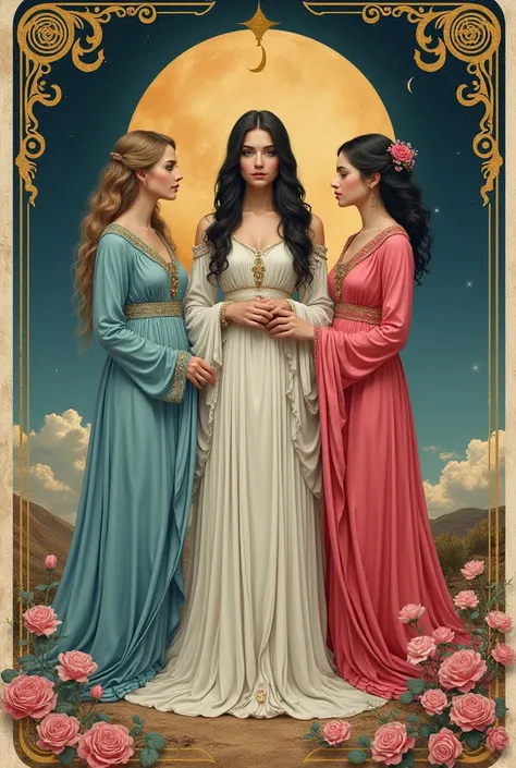 a wallpaper with the priestess, the empress, the moon and the lovers, I want it using the following colors: pink, sky blue, carmine and gold. I want a collage aesthetic