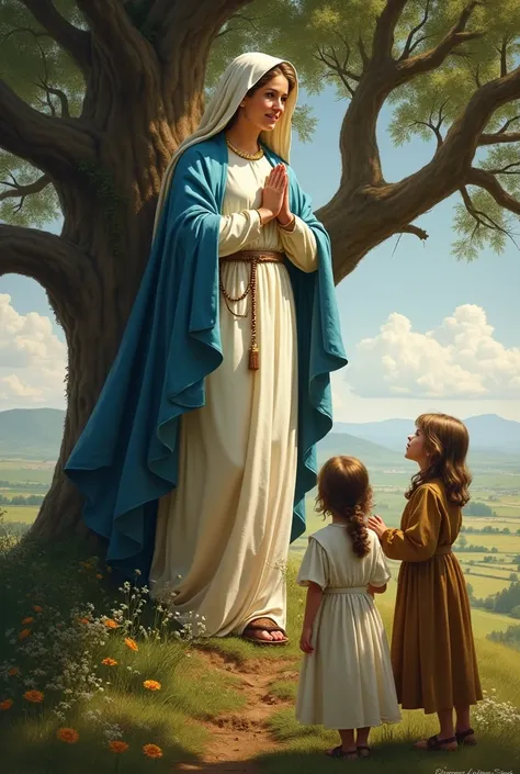 Our Lady of Fatima, With a Catholic rosary in his hand, On top of an oak tree, Who appeared to the three little shepherds, two s and a boy 
