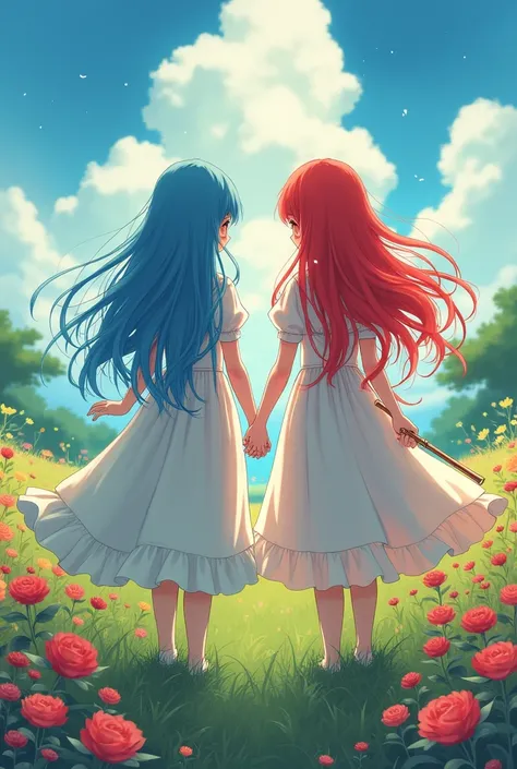  Anime photo 2 sisters holding hands and looking back, just see their hair , blue haired sister , fan handle,  red haired sister holding a flute ,  standing in a field of flowers , Wear antiques