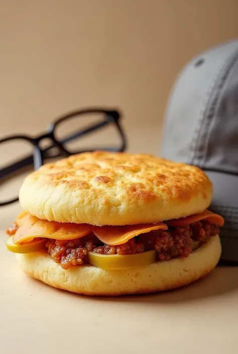 Arepa rellena, with lenses and cap 