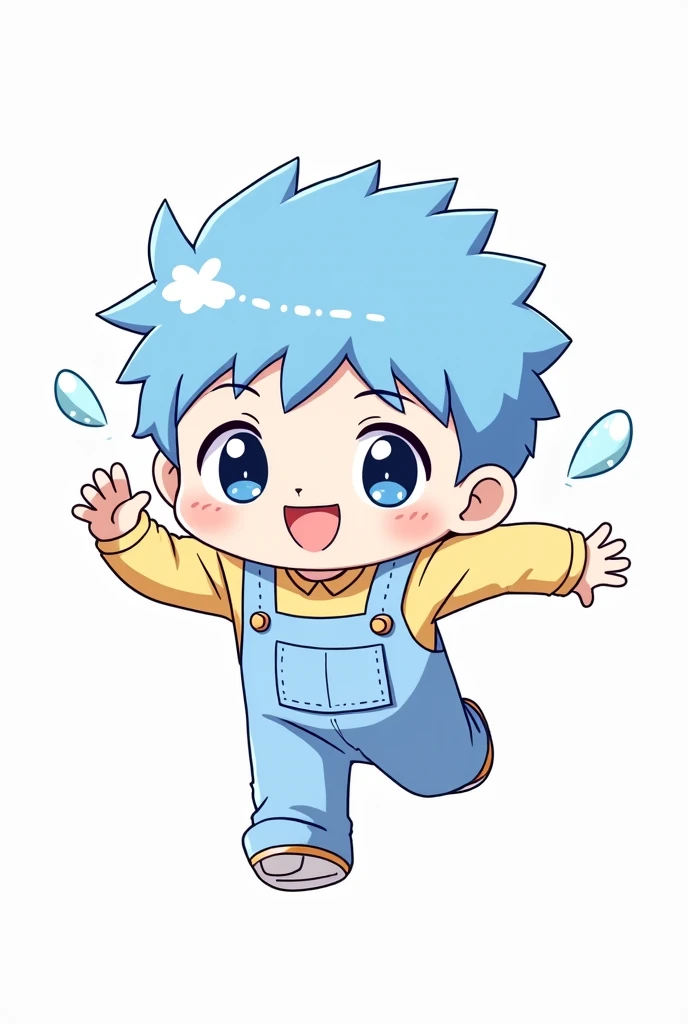 cartoon boy Blue Hair and blue overalls running,  cute cartoon character , Character covered in liquid,  adorable characters out of the box,  dancing character ,  cute and playful dancer pose ,  anime girl running ,  full-body mascot , Cute cartoon style, ...