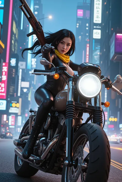   Japanese girl、 black leather rider suit、Yellow scarf、Harley motorbike、 Future City、 real、3d、 sexy、shoot a shotgun 