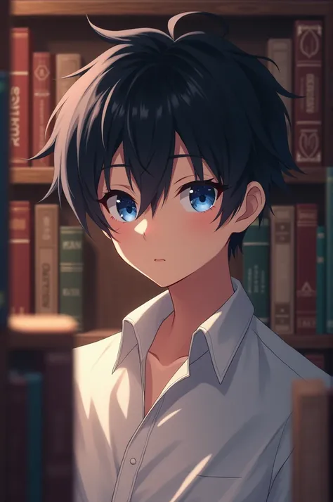 A 18 year old boy with black hair and blue eyes (in a library anime stlye)