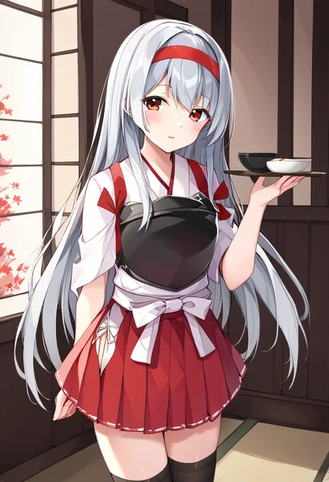 ( kancole ,shoukaku)),Alone、silver hair、 non-traditional shrine maiden、Kyudo、 red skirt 、 pleated skirt、 black thigh high socks、White Hakama、 headband、breastplate、