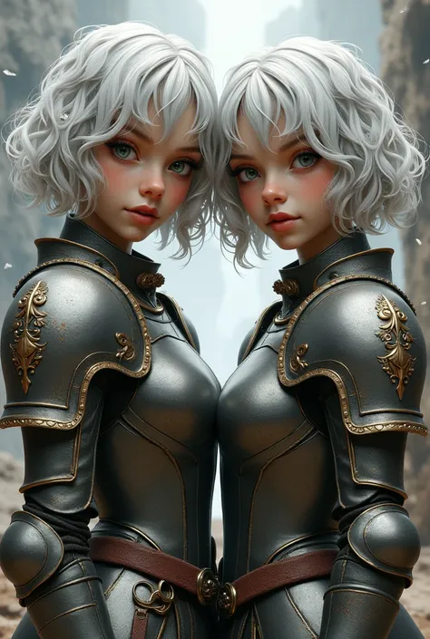  Create two young sisters aged 22 or 23, twins with short curly hair in white and gray bob style, with feminine features dressed in armor  