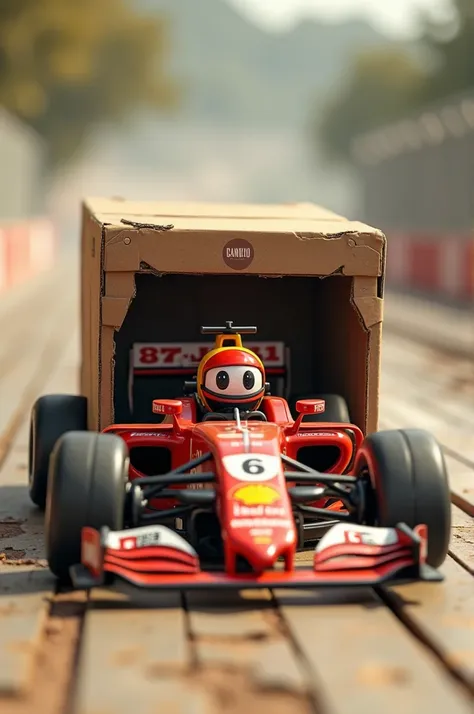 Create an image containing a dontto cardboard box of a Formula One car as an animated pilot where you can see the drift lines