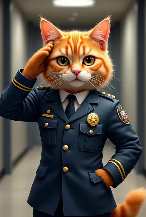 An orange cat wearing a security uniform is saluting