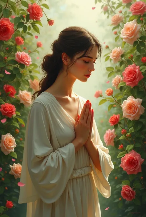 Our Lady in a garden full of roses, folded hands