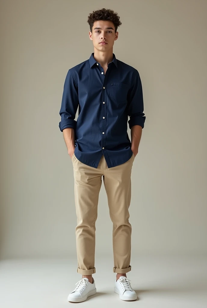 Young man dressed in white sneakers,  beige pants and formal navy blue shirt 