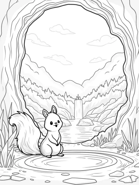 "A vertical black-and-white line art illustration for ren, depicting a magical adventure scene. At the center, a friendly squirrel named Olli with a fluffy tail and a cheerful expression sits beside a  near a glowing spring inside a mysterious cave. The sp...