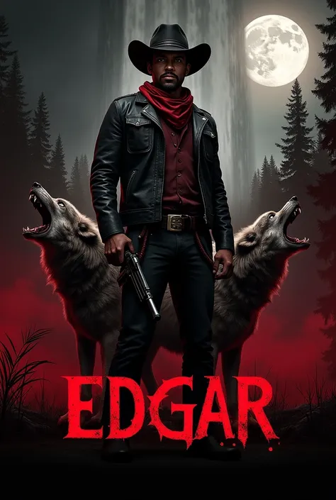 The image is a promotional poster for the video game "EDGAR". It features a man in a cowboy outfit, holding a rifle and standing in front of a forest with a waterfall in the background. The man is wearing a black leather jacket, a red bandana, and a black ...