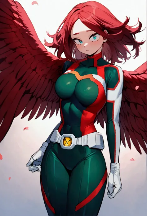 My hero academia, tall, hourglass figured girl with  long red hair and bright turquoise eyes with Hawks from my hero academia, romantic relationship