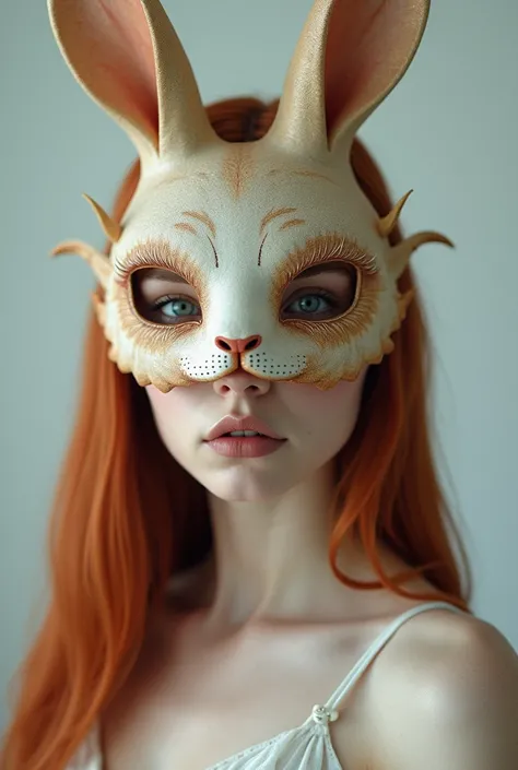  beautiful white-skinned woman with straight, reddish shoulder-length hair, with a bunny mask in 1200 x 627 format