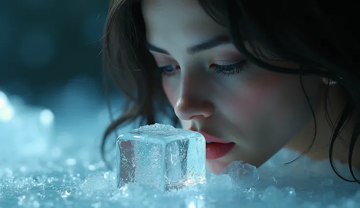 WOMAN MELTING AN ICE CUBE WITH HER LIPS.