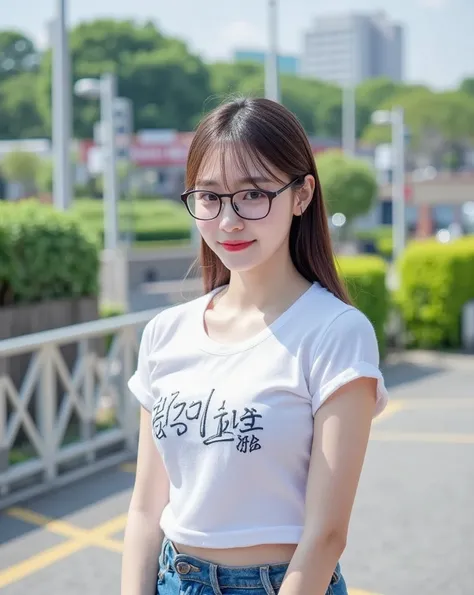 Korea girl Big  in white shirt wearing glasses, cannon lens 85mm F2.8