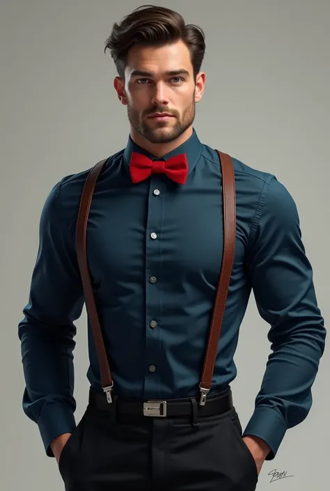  Create an image of a man wearing a dark blue shirt (Classic model)  with straps , black pants and bow-tie color cherry color