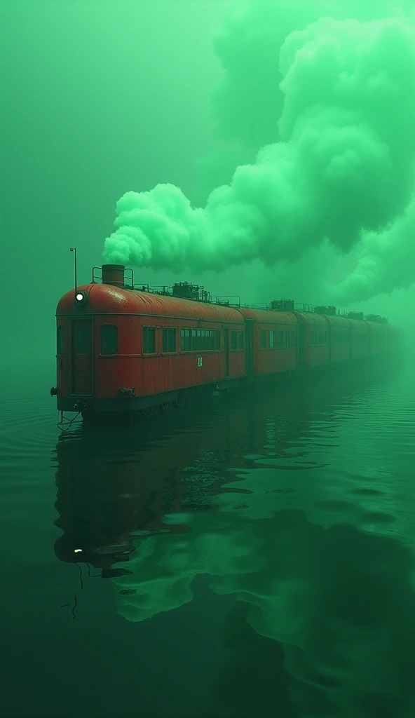 
In cinematic 3D style, HD image, realistic image, colourful image.
The red train is submerged under water. There are  6iron drums inside the water. green coloured gas is coming out from inside the 6 drums and turning the water green.