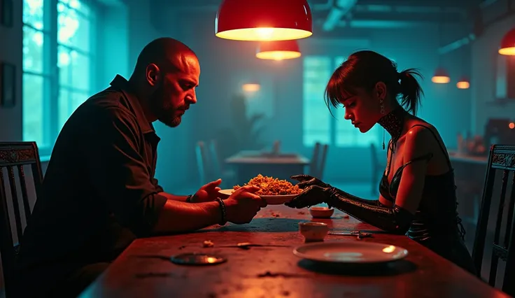 cyberpunk, a brutal man sitting at a kitchen table, a beautiful cyborg woman placing a plate of food on the table in front of the man, hyper-detailed, cinematic lighting, dramatic atmosphere, industrial setting, moody, neon lights, chiaroscuro, gritty, hig...