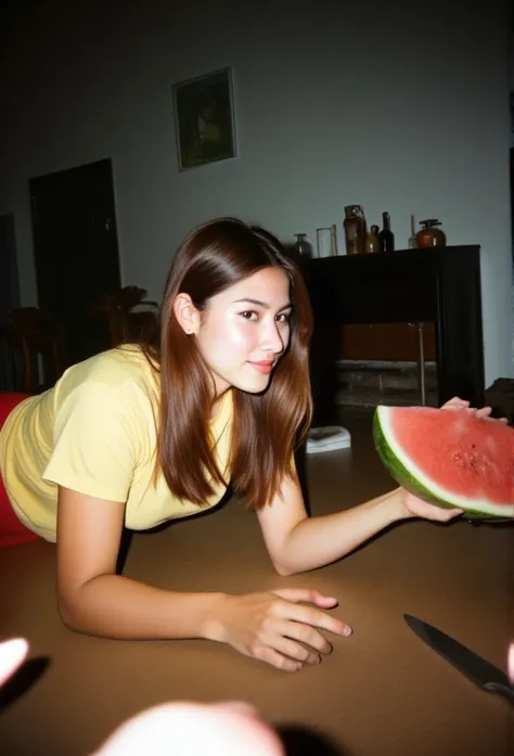 side view ,  a beautiful 19-year-old Indonesian woman,  wearing a yellow t-shirt and red thong , big boobs busting, big butt, Sweaty body , lying on her stomach on the kitchen table,  next to it was a cut watermelon and a knife, set in a simple kitchen , L...