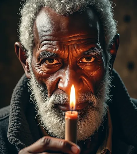 Ultra realistic 16k image depicts an elderly man with black skin, gray hair and beard, and intense expression. He is holding a lit candle close to his face, illuminating his deeply striking eyes. The surrounding environment is dark, creating a dramatic con...