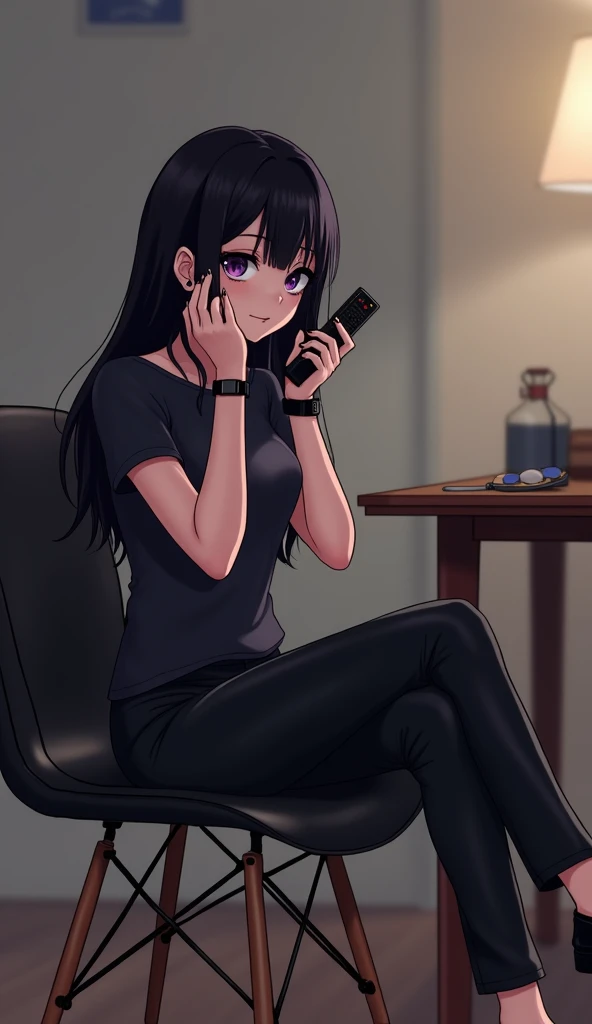 Animated teenage woman with a black watch and black hair and purple eyes has dark shadows under her eyes and sits in a dining chair with a backrest upholstered with black leather with wooden legs She wears leather pants and black leather shoes and a leathe...