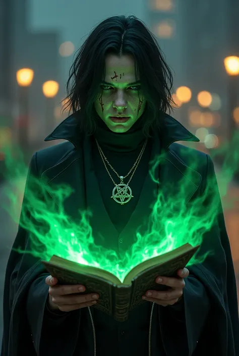 A sorcerer, evil man, medium hair, wearing black clothes with a shirt up to the neck ,  black leather jacket,  wears a necklace with a pentragram , in one of his hands he holds a book of spells with pagan symbols, his eyes are black covering the sclera and...