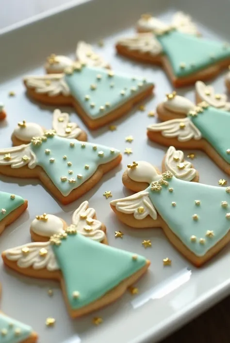  I want a tray of cookies decorated with royal icing technique in the shape of a little angel in white gold and mint green, That they look beautiful and striking but above all real ,  and well defined .