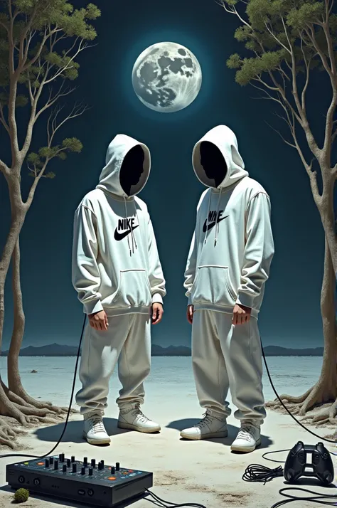 2 white hooded characters dressed in Nike the empty black face on a stage with trees around connected by cables all the way around the being on the moon in space facing the planet Earth with equipment music MPC game console weed dealer ,  with a rap logo  ...