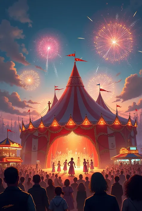 Circus tent in the evening around you fairground games with fireworks in PC format