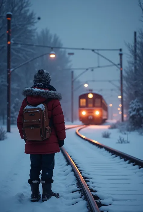 While its snowing on Christmas night 、 A warmly dressed  is watching the train from a distance。 please make it a realistic picture like the one you took in the picture 