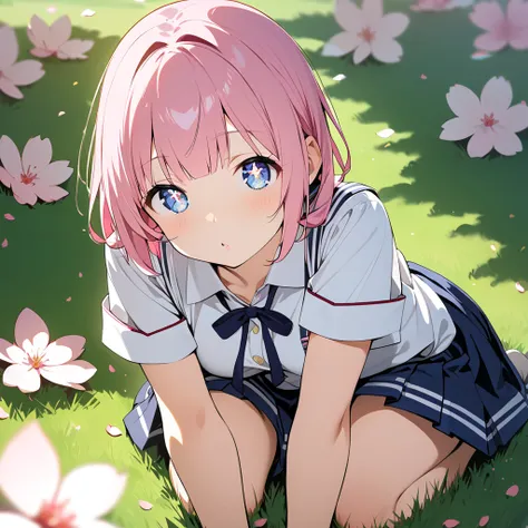 "A cute high school girl with short pink hair styled in a slightly messy but stylish cut. She is wearing a traditional Japanese high school uniform, featuring a white blouse, a navy blue pleated skirt, and a matching ribbon. She is sitting cross-legged on ...