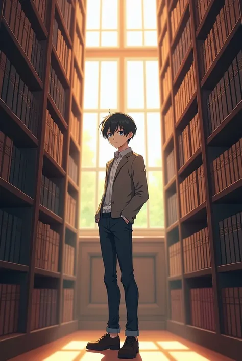 A 28 year old boy with black hair and blue eyes (anime style and in a library standing)