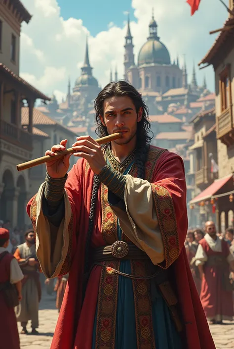 Medieval flutist  man  in colorful clothes behind him is a medieval city  hat  