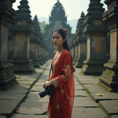 Make a photo of a woman with a motif kebaya and long jarik fabric with the background of the Indonesian temple, natural, bun black hair, holding a Nikon camera, scary, looking at camera, detailed photo, natural face, real realistic, 8K UHD, 16K HDR, graphi...