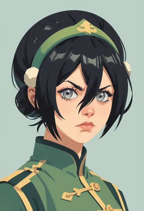 1girl, blind, solo, black hair, hairband, closed mouth, looking at viewer, hair bun, hair between eyes, grey eyes, upper body, green hairband, single hair bun, chinese clothes, short hair, Toph Beifong - Avatar: The Last Airbender, zPDXL3,  PnyCmicXLPOS, d...