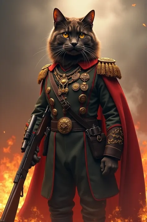 Dark brown cat dressed as a general with fire medals in the background and rifle in hand 